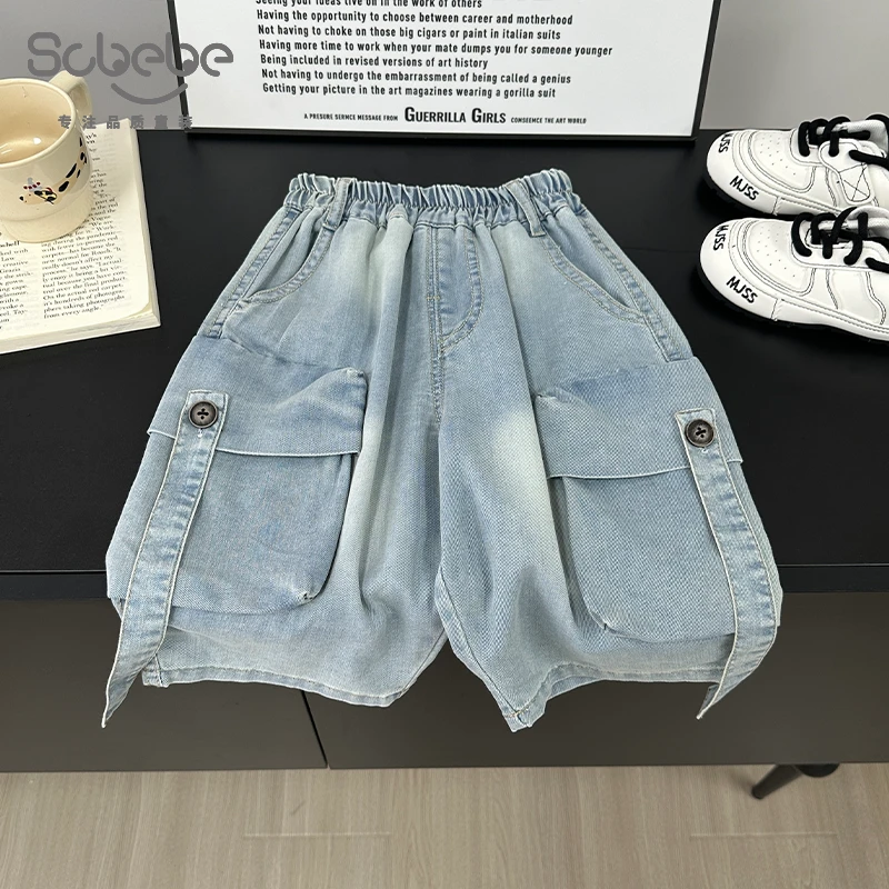 SCBEBE【牛仔七分裤】儿童牛仔裤夏季新款裤子韩版口袋挂条CK253