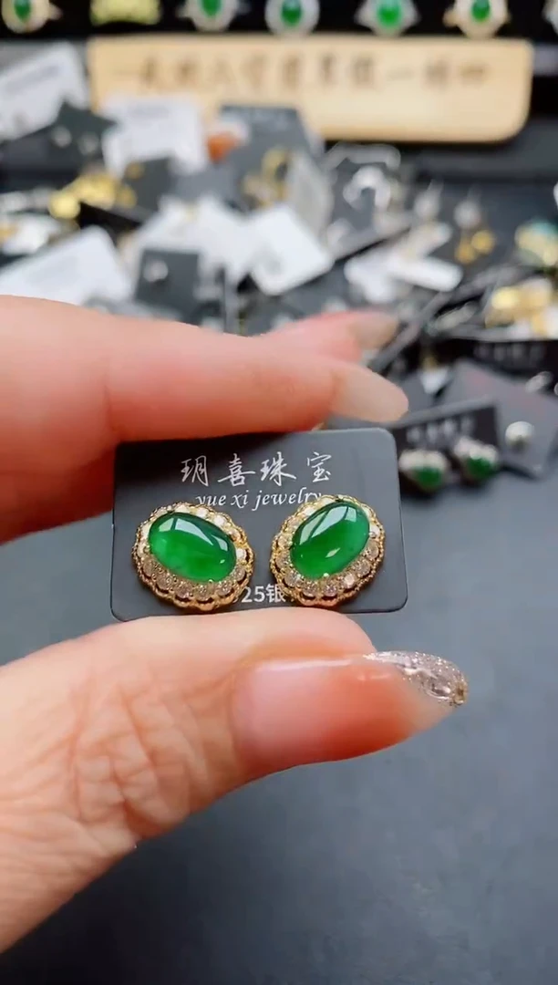 银S925镶嵌翡翠耳饰086