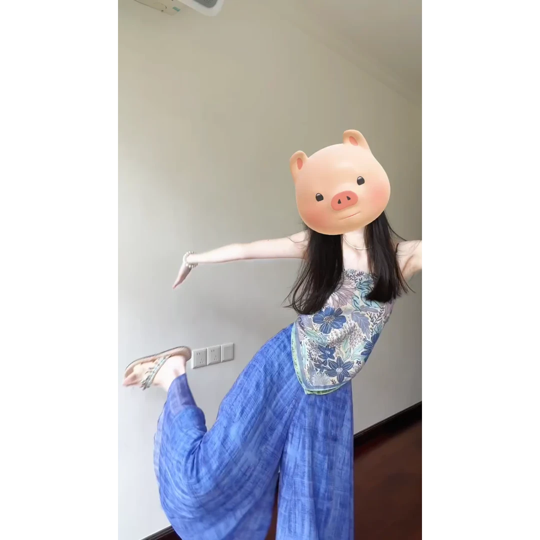 MARIE.COCO夏日海边度假风穿搭不规则印花吊带上衣宽松阔腿裤套装