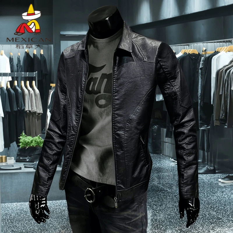 稻草人高端海宁皮衣男春秋季新款男士机车外套痞帅男款皮夹克上衣