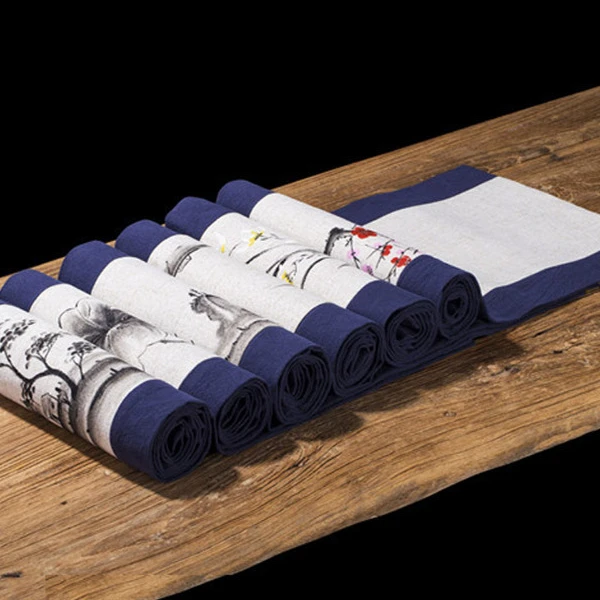 手绘茶席新中式禅意长条茶旗亚麻茶桌布中国风餐桌茶几麻布茶布垫