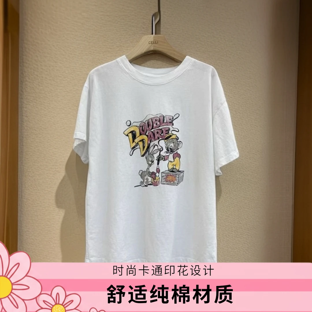欧韩货正版卡通印花圆领短袖T恤女2025夏季宽松百搭显瘦薄款上衣