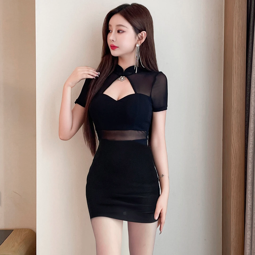 2025夏季新款高端气质显瘦名媛网纱拼接包臀长裙黑色遮肚子连衣裙