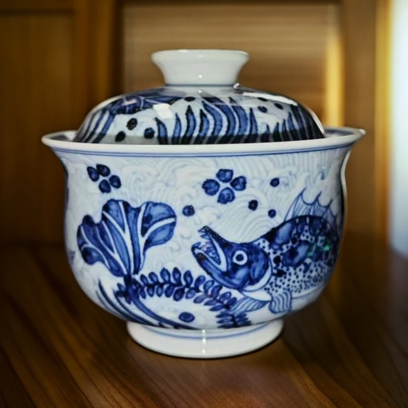 【墨舍名窑】墨舍柴窑淡海水鱼藻大布袋盖碗 moshe1359陶瓷纯手工