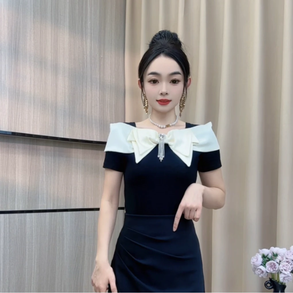 时尚蝴蝶结T恤女短袖夏装欧货洋气性感方领上衣修身百搭半袖小衫