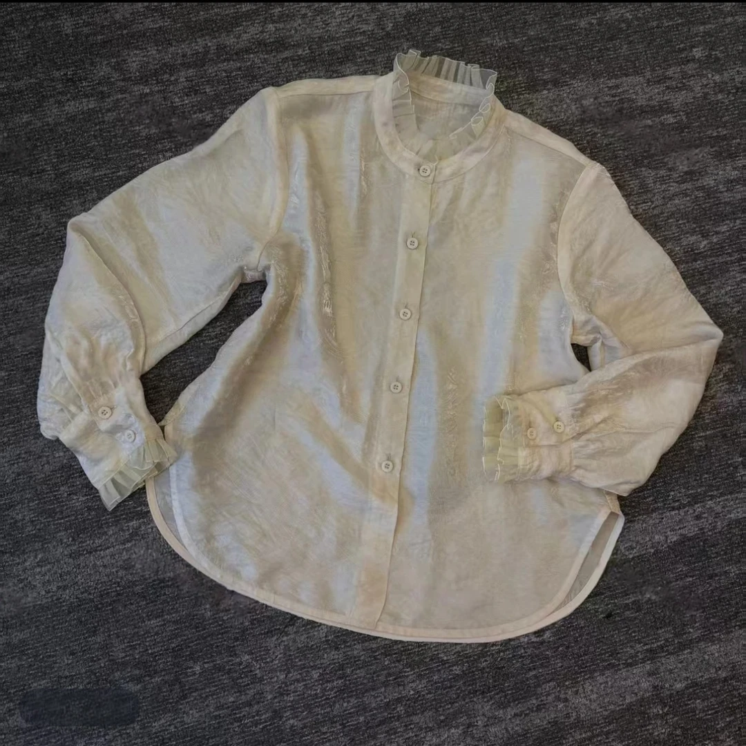 早秋新款气质百搭设计衬衣浮光精致褶皱花边领微喇长袖衬衫C5967