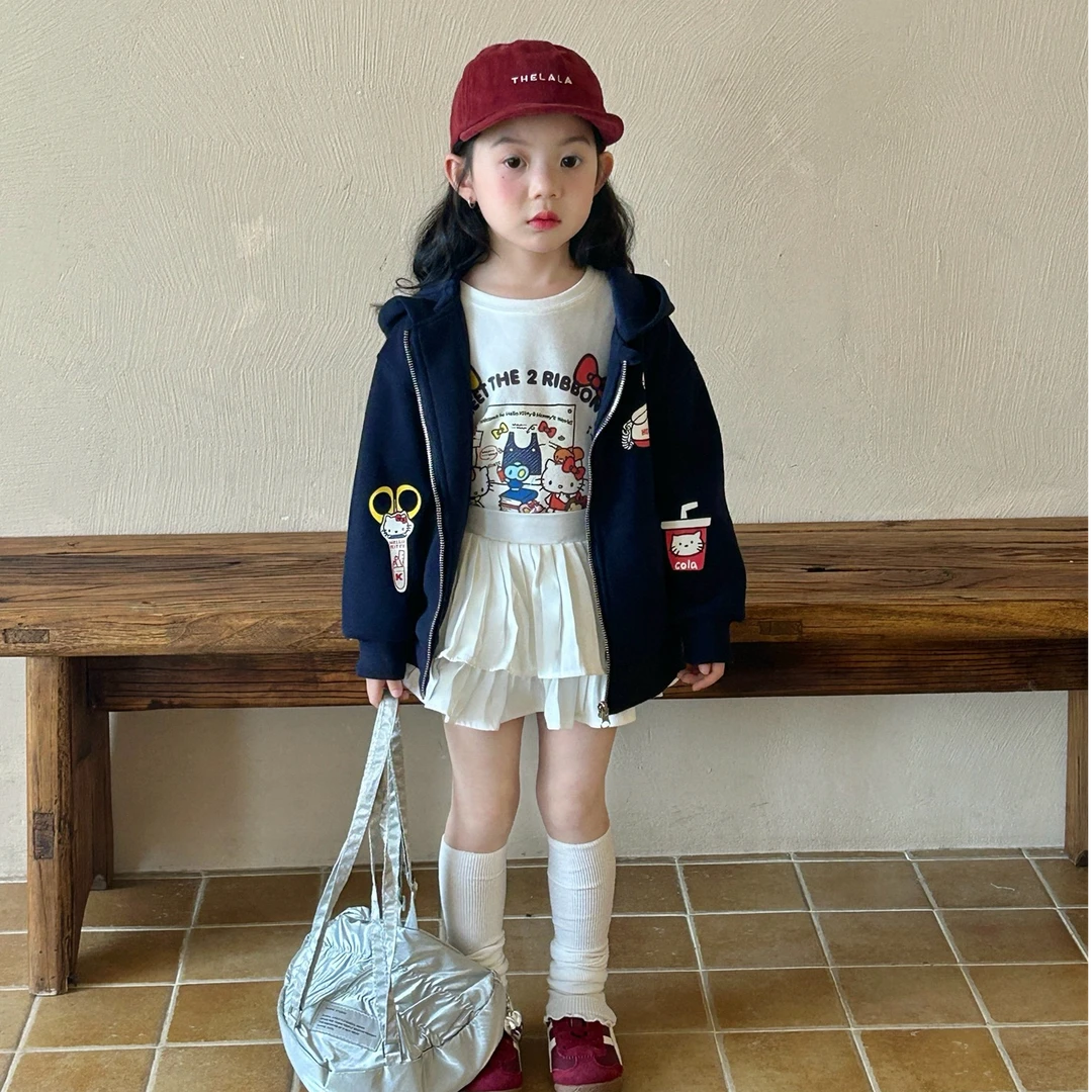 R25088女童2025春秋季新卡通长袖上衣印花休闲连帽卫衣半身短裙潮