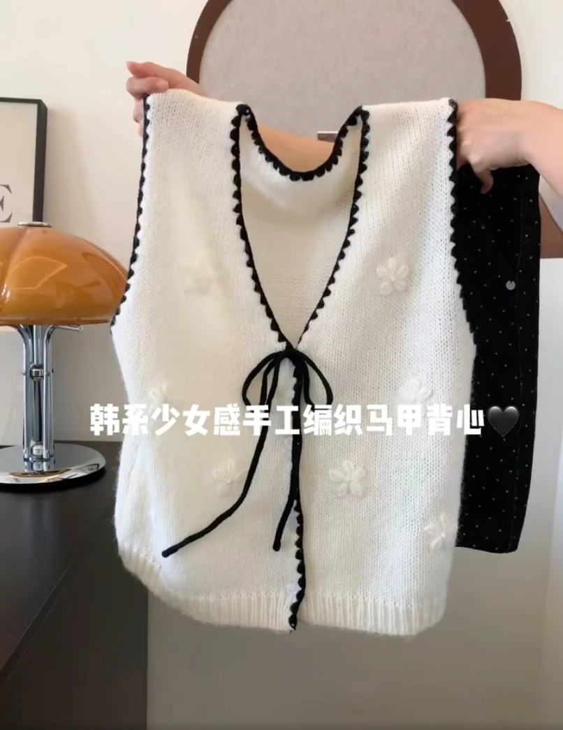 小香风立体花朵针织毛衣背心女春秋季高级感绑带开衫叠穿马夹外套