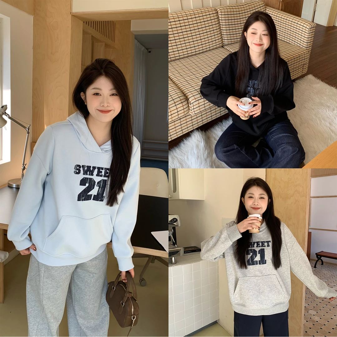 裂渡宣宣【美校标杆】贴布绣连帽上衣女冬百搭显瘦加绒卫衣ZY510R23