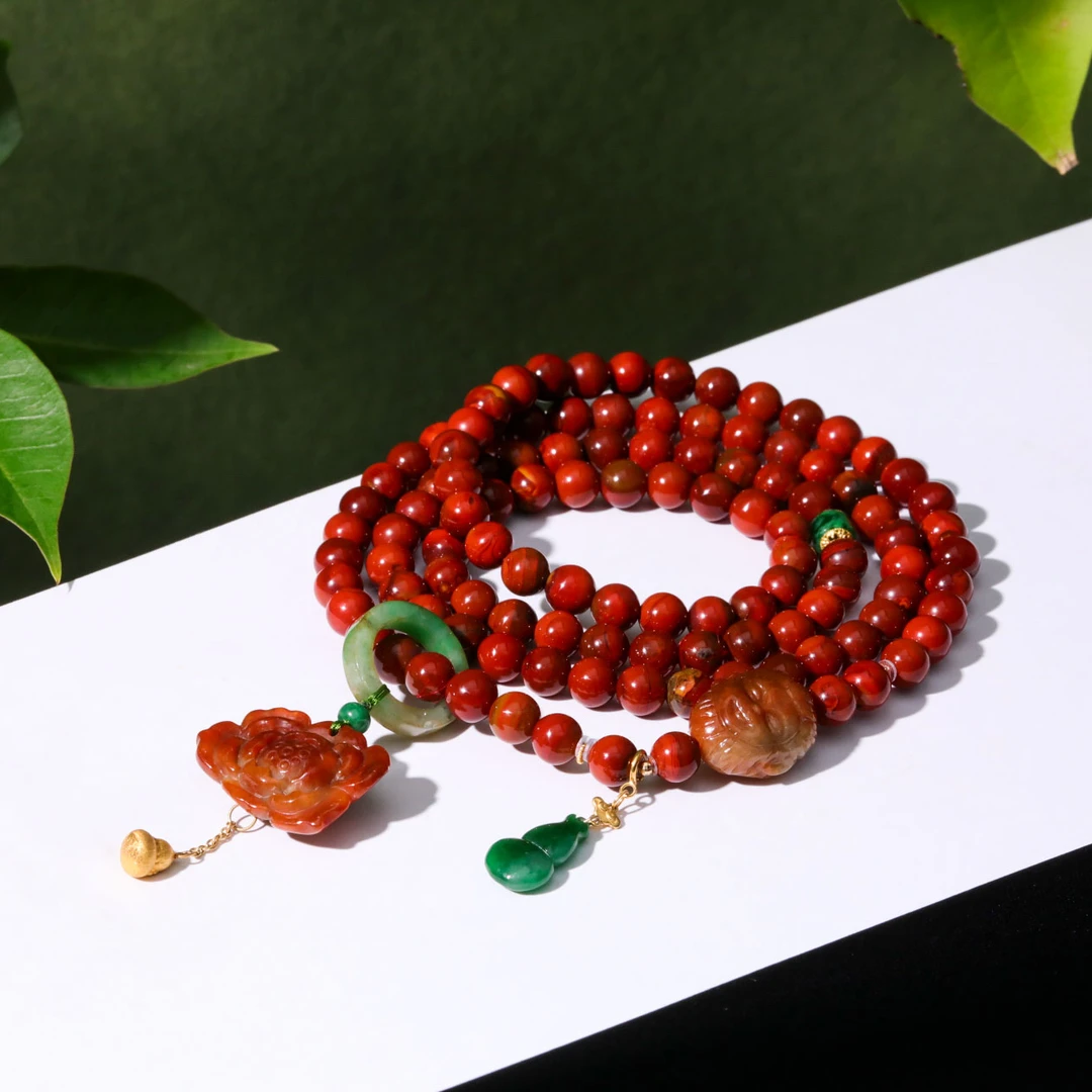 【意婵】《悟空心静》18K金108珠天然满红皮浆南红多圈缅A翡翠-916261