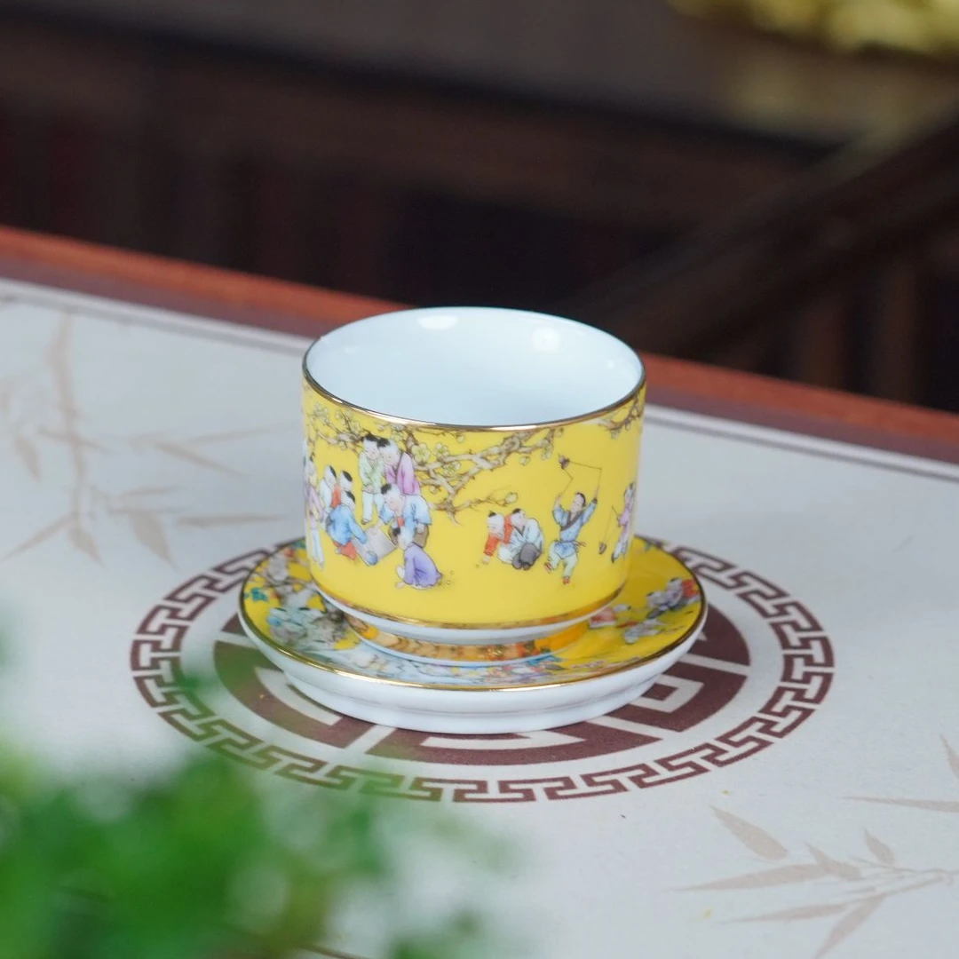 景德镇手工高档茶器珐琅彩主人杯缸杯人物童子品茗直口杯高端礼品