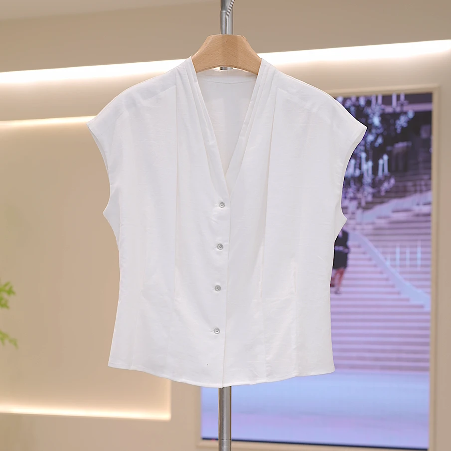 浅雯夏季新款雨露亚麻天丝褶皱V领气质显瘦女士马甲-T98062