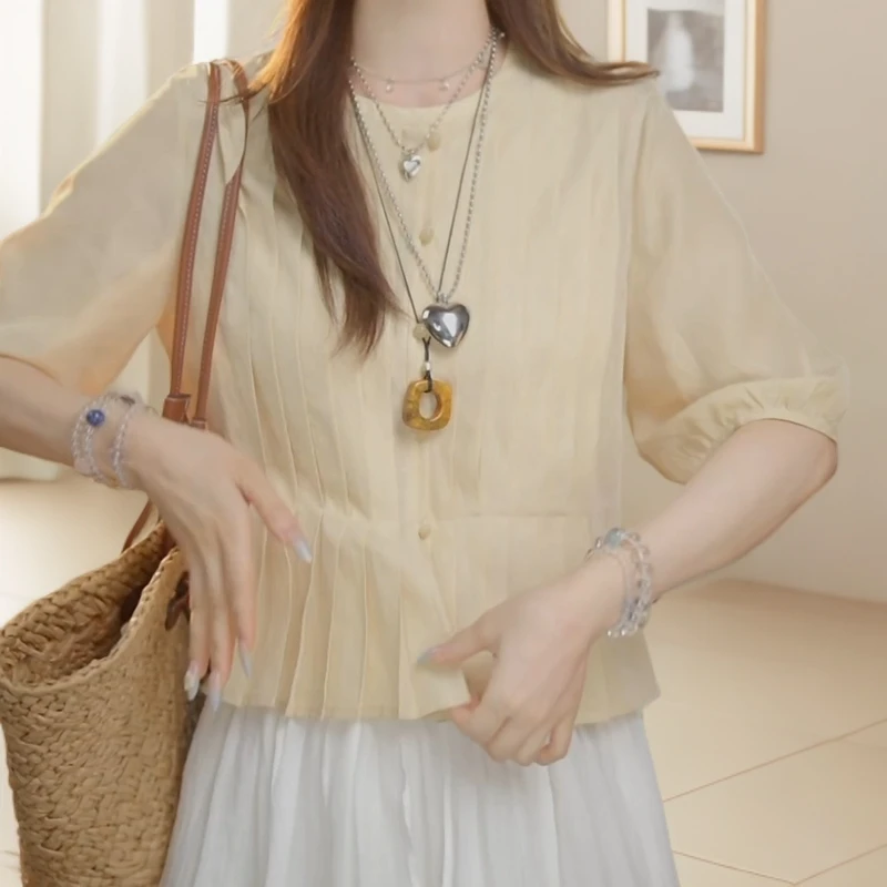 2025夏女装法式圆领风琴褶皱设计五分袖衬衫