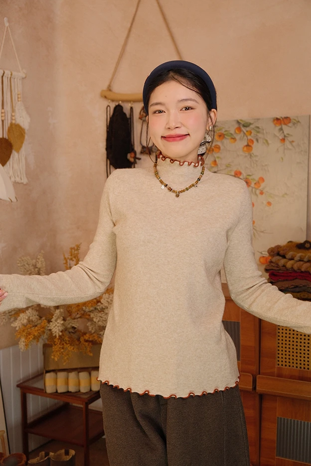 【李李】 秋冬软糯木耳花边领撞色百搭加厚保暖打底衫