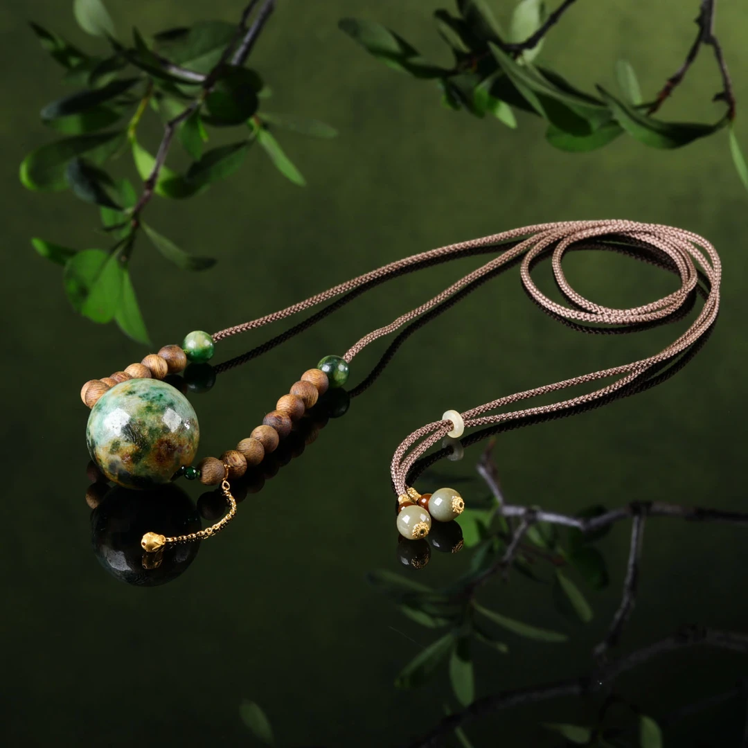 沉香【意婵】《大能量》25mm18K金缅A老翡翠转运珠项链棋楠沉香915504