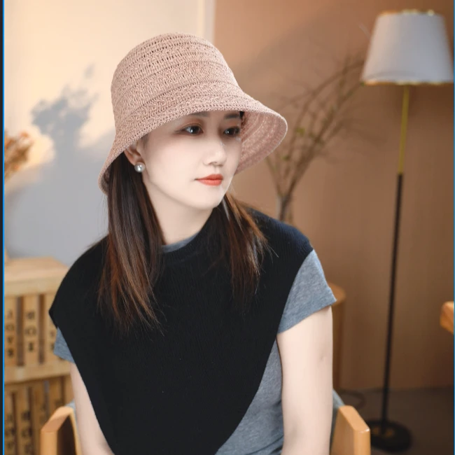 日系纯色针织蝴蝶结渔夫帽子女春夏2025新款透气遮脸盆帽时尚