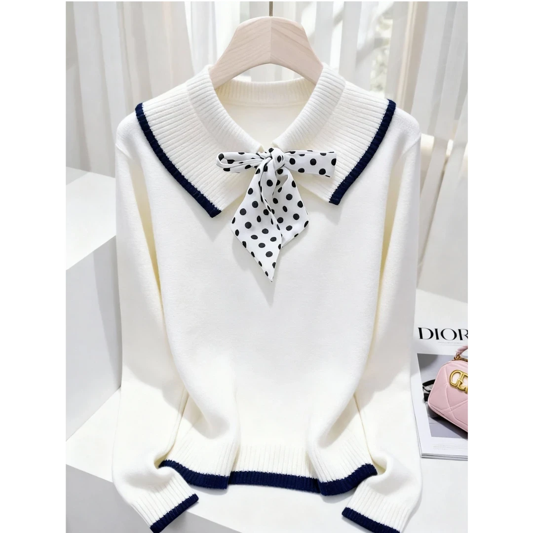 法式学院风翻领蝴蝶结针织衫女2025秋季新款修身显瘦高级感上衣潮
