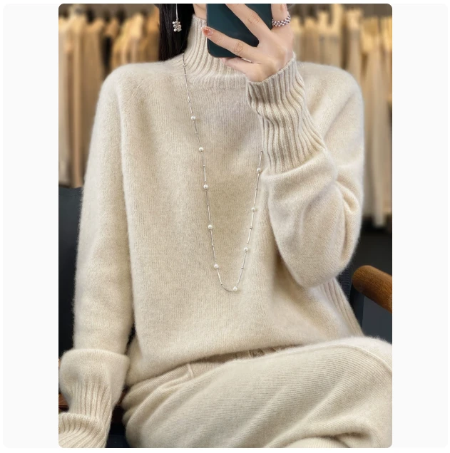 马鞍肩女士高领毛衣针织衫加厚套头毛衣秋冬款