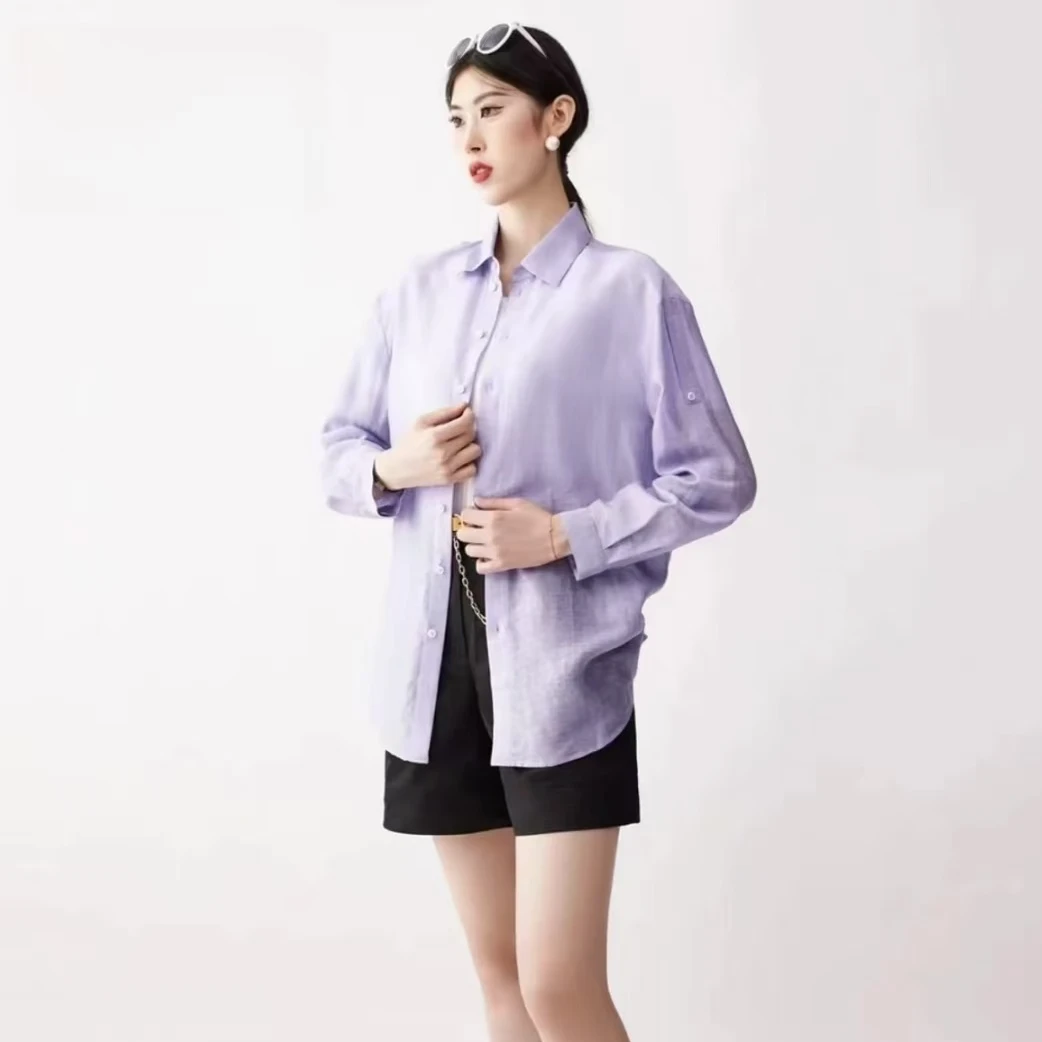 GIRDEAR/哥弟显瘦高级感透气小翻领轻薄廓形纯色衬衫女1300898