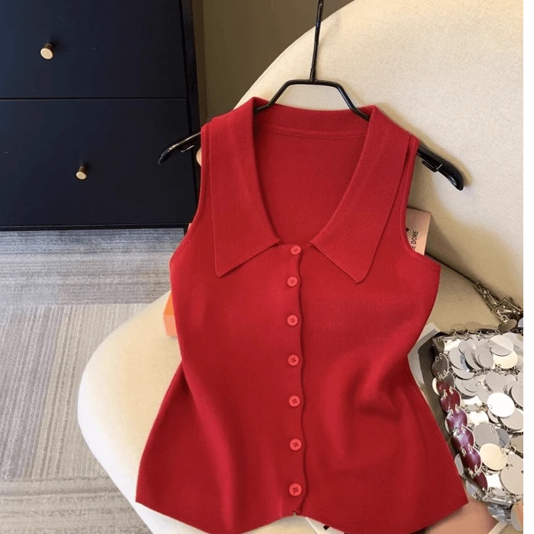 高级感小香风纯色无袖针织开衫背心时尚翻领坎肩叠穿洋气上衣女夏