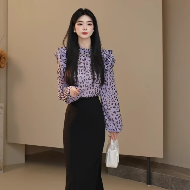 AMASS/阿玛施荷叶袖衬衣印花长袖上衣灯笼袖休闲女装衬衫5300912