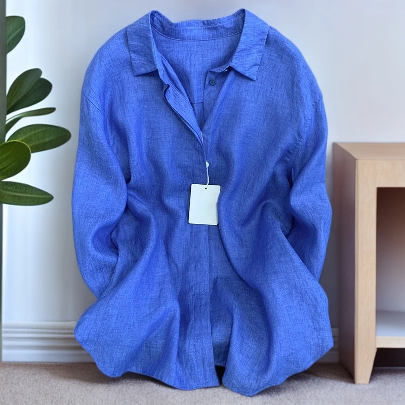 亚麻时尚翻领秋冬气质上衣薄款衬衫衬衣开衫外套宽松长袖春秋蓝色