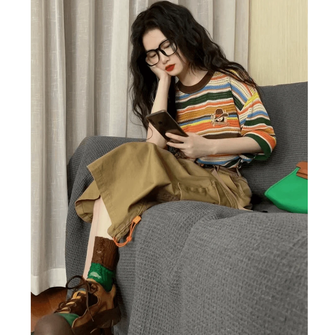 夏装搭配一整套撞色条纹短袖T恤工装半身裙小个子减龄套装女新款