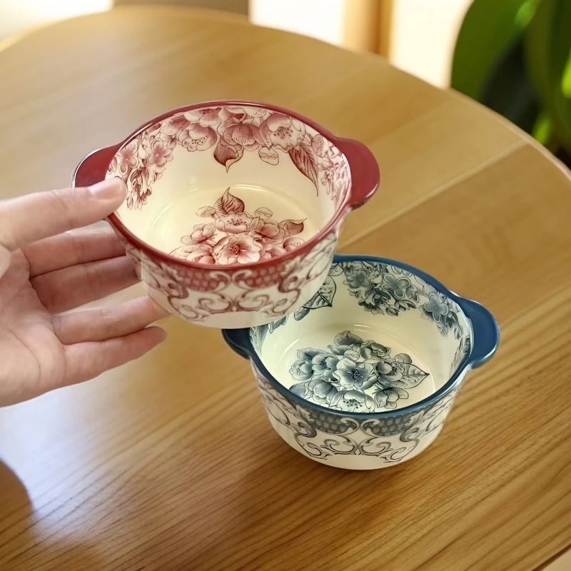 ..高温瓷釉下彩藤上花宴双耳甜品碗烤碗米饭碗家用陶瓷酸奶燕麦碗