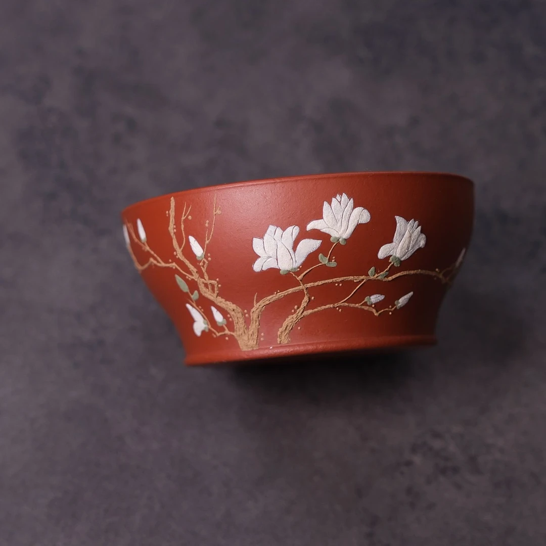静心【花鸟】玉兰花泥绘朱泥主人杯适合品茗的精品杯子手绘