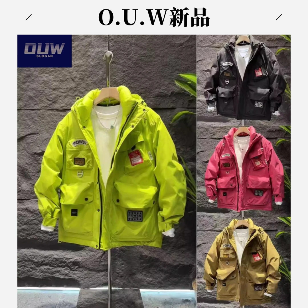 O.U.W工装连帽冲锋衣羽绒服男士冬季2025新款多口袋白鸭绒外套ins