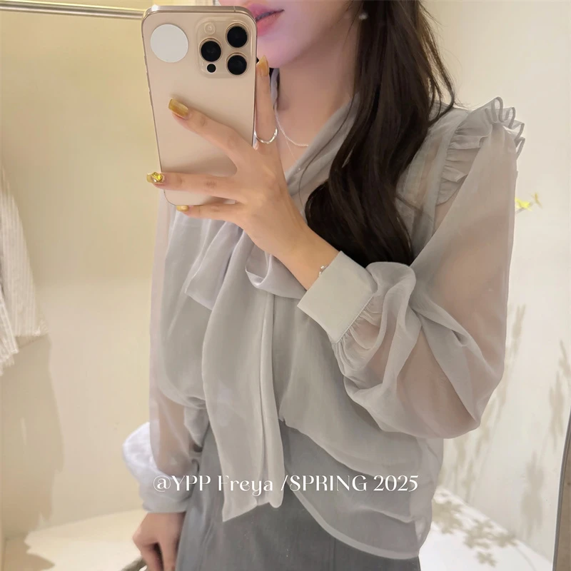 YPP！【心动缪斯】新款气质法式v领压褶蝴蝶结绑带两件套衬衫