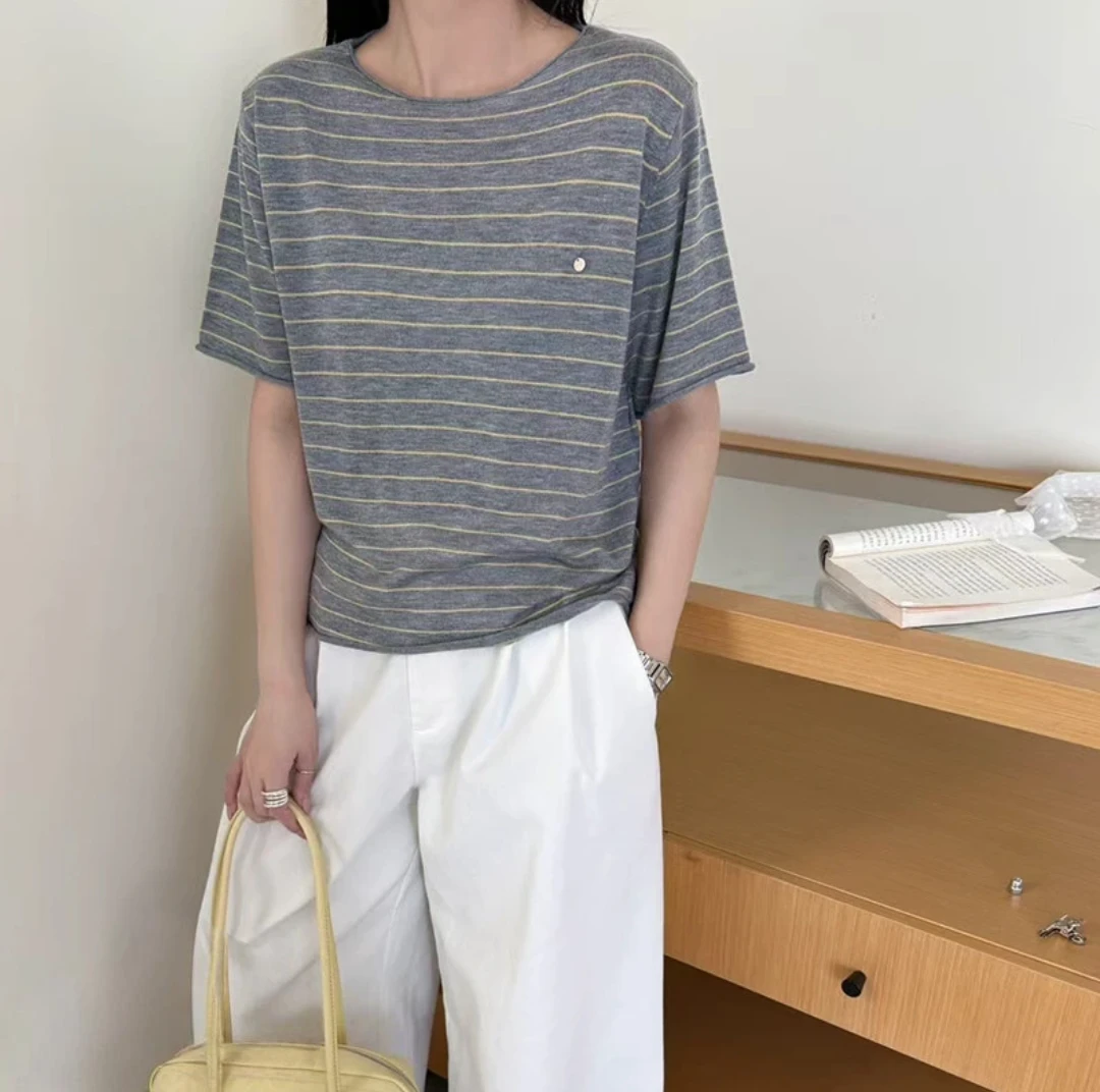 玲姐定制-夏季新款宽松圆领套头条纹薄款微透短袖针织短袖79923