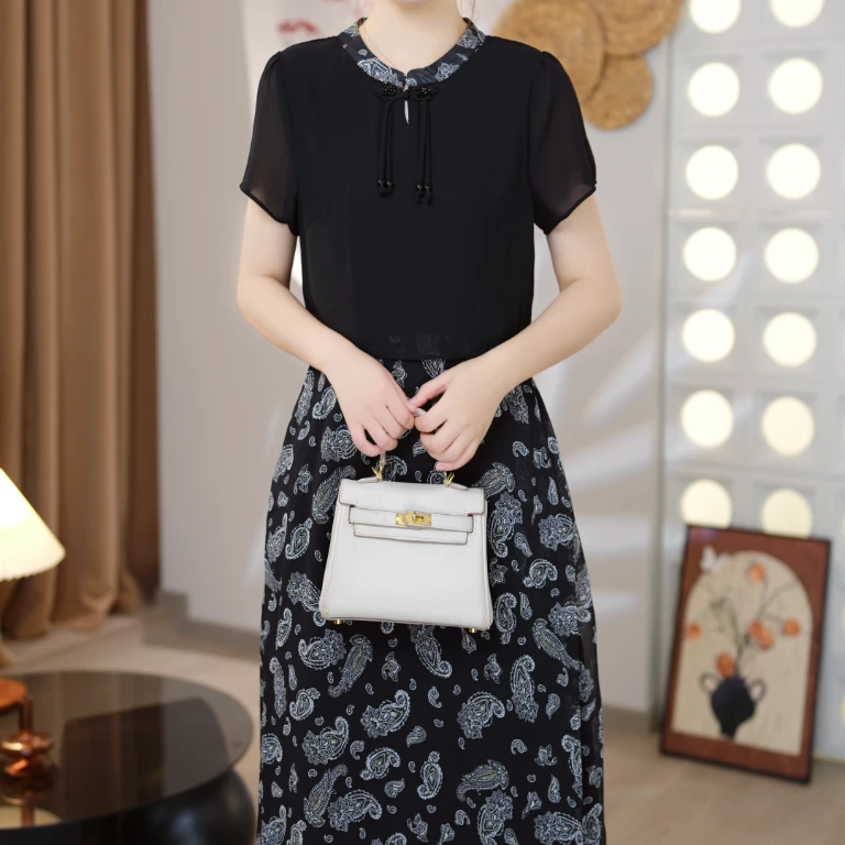 【欧菲雅】中国风高腰复古裙子港风连衣裙女夏季碎花时尚长款黑裙