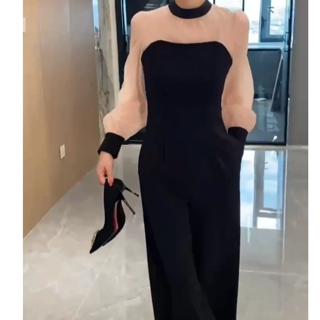 2025女装阔腿百搭修身法式直筒裤修身设计感连体裤高腰