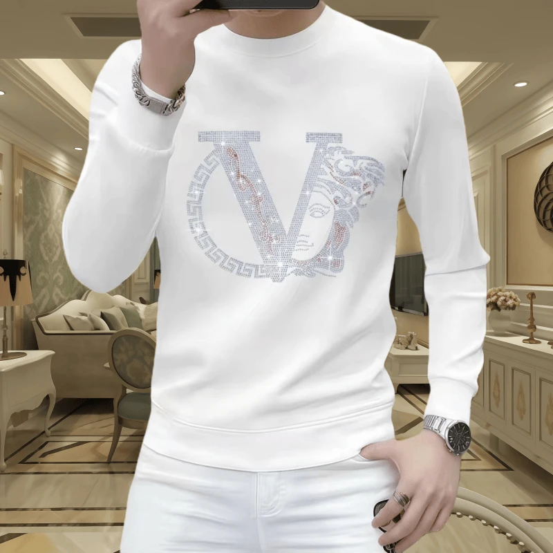 欧洲站男士长袖时尚潮流百搭套头修身秋冬圆领休闲新款烫钻打底衫