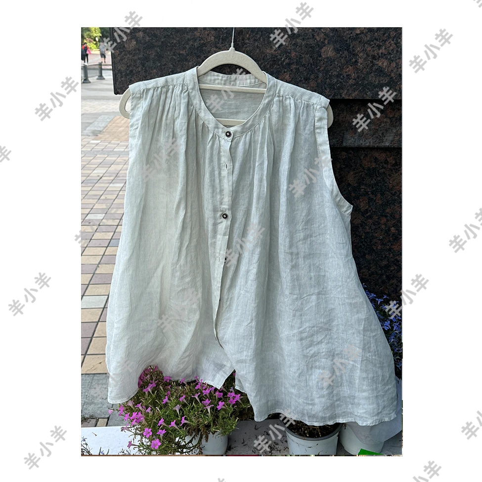 【羊小羊】235  夏季日系条纹宽松无袖休闲百搭苎麻条纹夏款衬衫