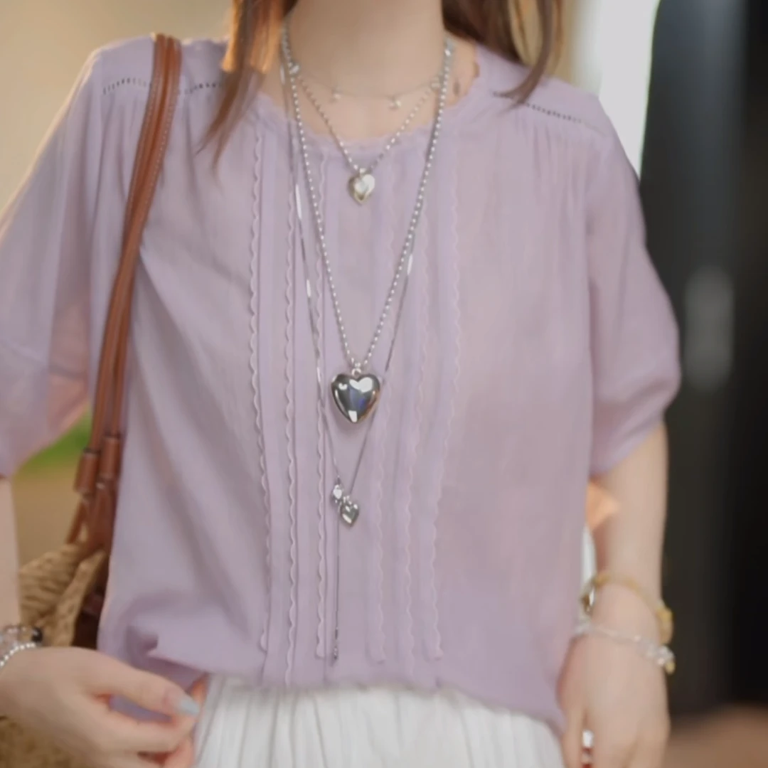 法式短袖圆领精致绣花上衣衬衫女2025夏季新款收腰显瘦百搭衬衣