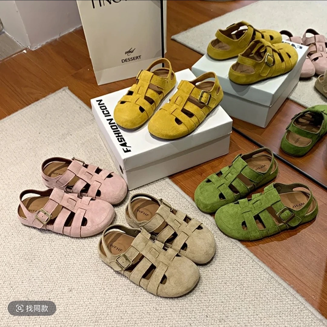 复古森系包头凉鞋女2025夏季新款两穿镂空半拖鞋编织软平底猪笼鞋