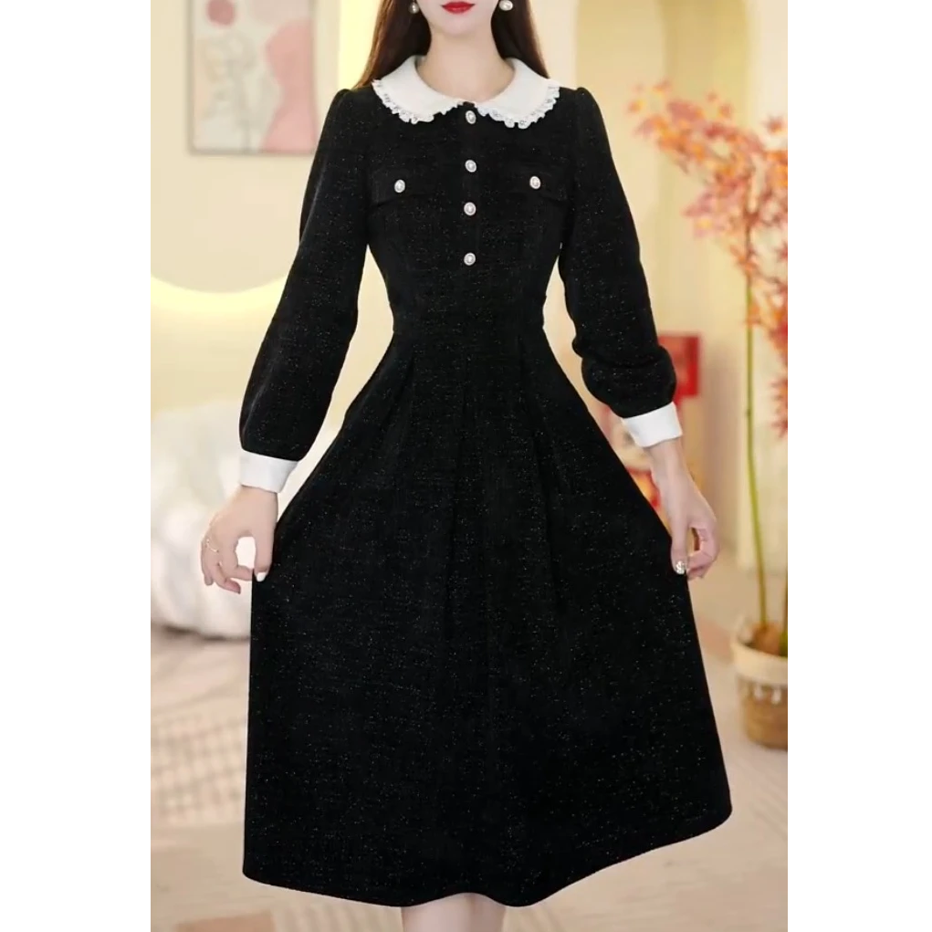 娃娃领连衣裙女2025年秋冬新款时尚气质减龄显瘦中长裙Y651021