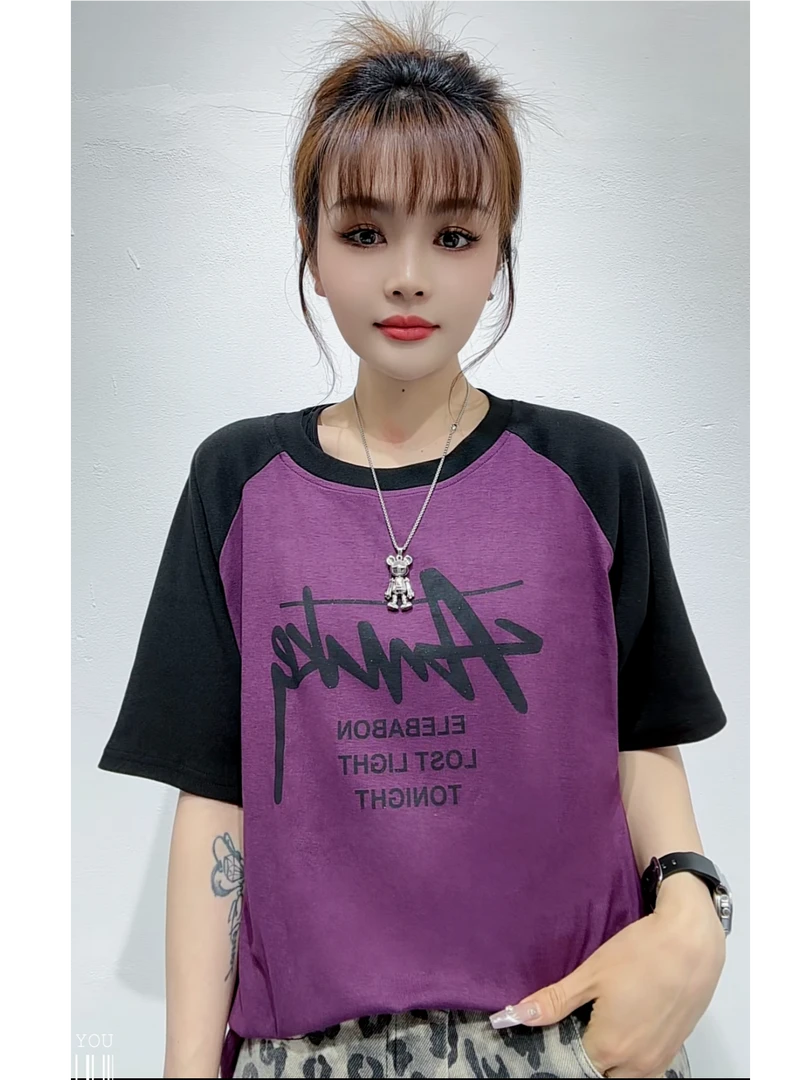 cjx313-夏季细闪新款短袖拼接潮流插肩袖女百搭上衣