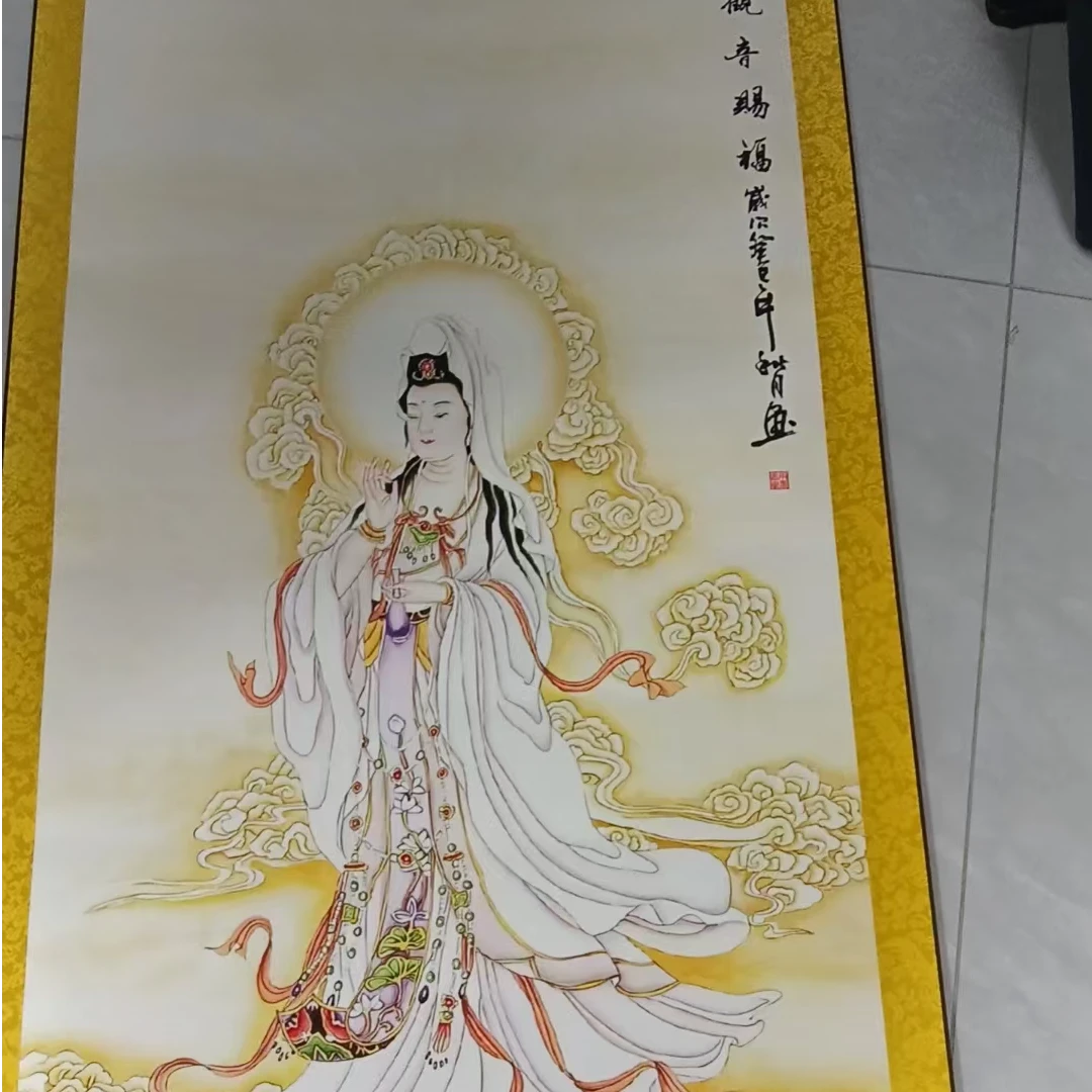 《南无观世音》挂画家庭客厅装饰现代画玄关挂画四尺竖幅72X170