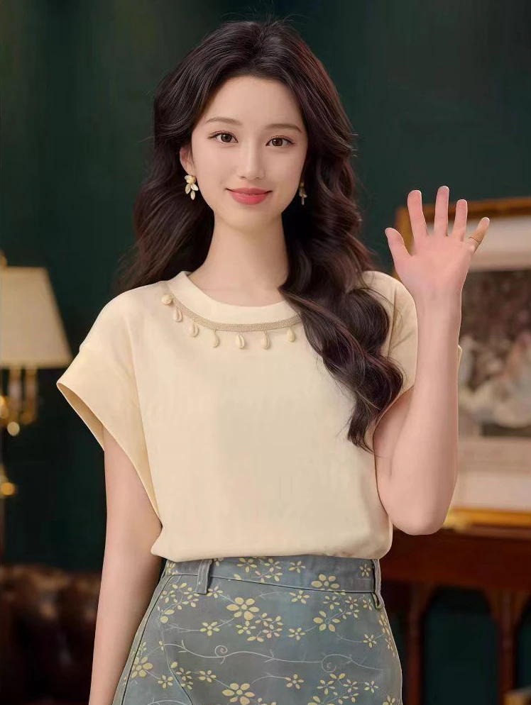 韩系短袖T恤女2025夏季时尚新品个性百搭正肩小飞袖上衣1441