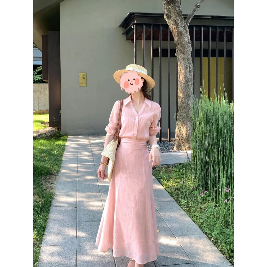 【夏日香氛】小个子温柔V领微透长袖衬衫休闲上衣高腰A字半裙两件套