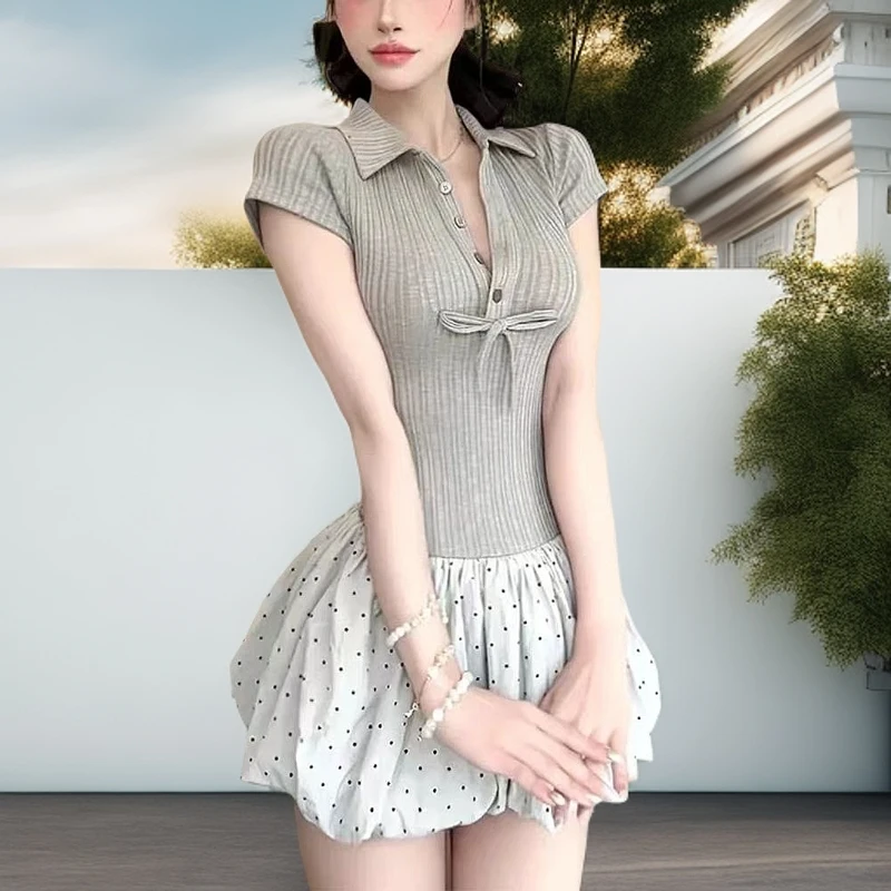 polo短袖蓬蓬裙连衣裙美式夏季新款辣妹收腰显瘦拼接修身灰色短裙