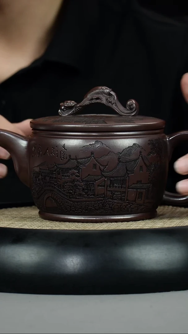 茶壶紫砂古乌泥 汉瓦 刻绘山水