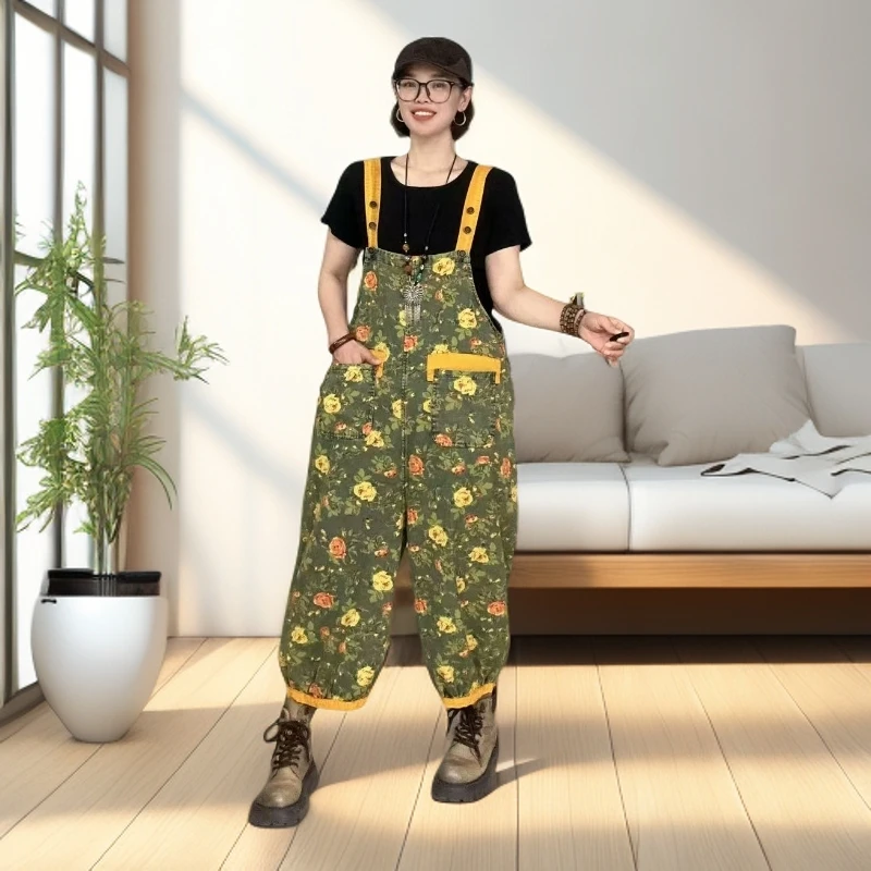 豪雅2025新款裤子时尚水洗牛仔背带裤休闲大码女装宽松显瘦阔腿裤