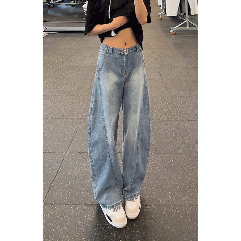 美式复古竹节弯刀阔腿牛仔裤夏季男女同款宽松百搭小众街头裤子