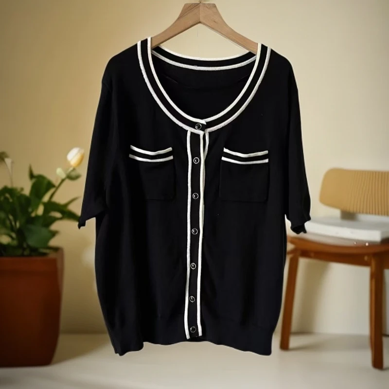 艳儿家【柜子原单香风短袖】亲肤透气圆领贴袋短袖针织开衫设计师