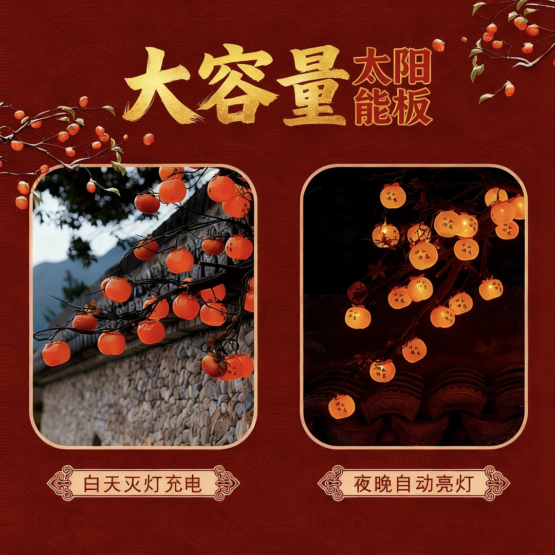 大容量太阳能款柿子灯串户外庭院防水春节过年柿子灯氛围装饰灯串