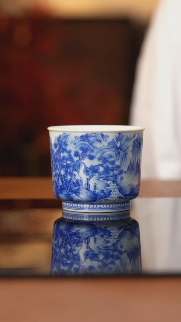 杯看山柴窑青花山水